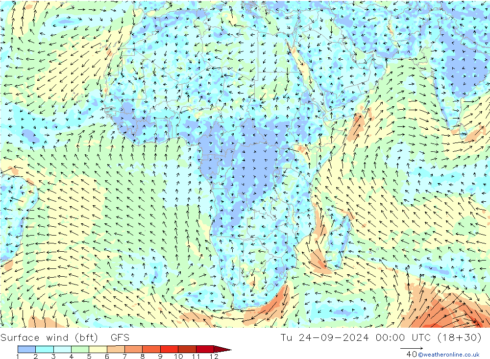 Surface wind (bft) GFS Tu 24.09.2024 00 UTC