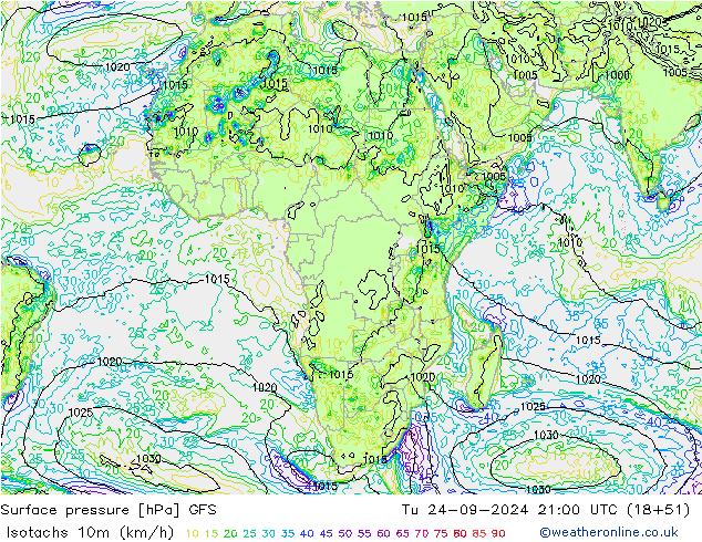 Isotachs (kph) GFS Ter 24.09.2024 21 UTC