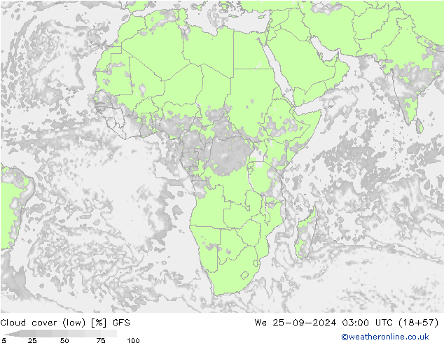 Bewolking (Laag) GFS wo 25.09.2024 03 UTC