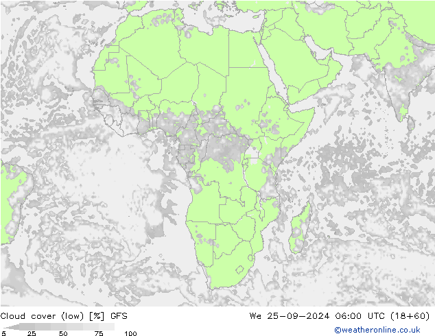 Cloud cover (low) GFS We 25.09.2024 06 UTC