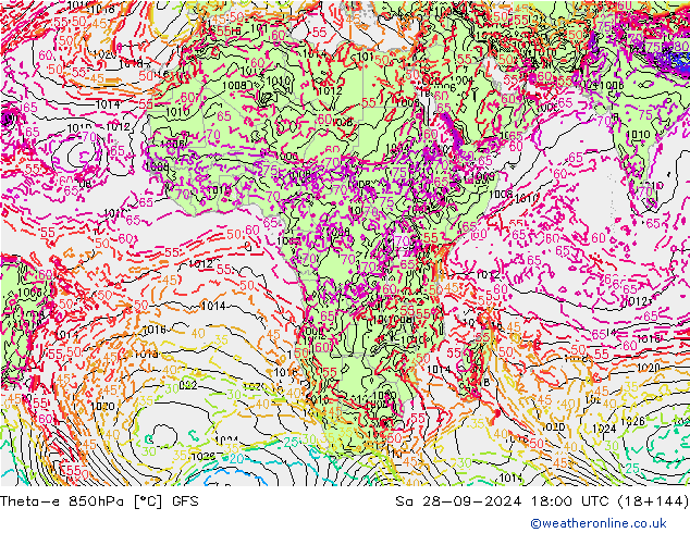 Theta-e 850hPa GFS Sáb 28.09.2024 18 UTC