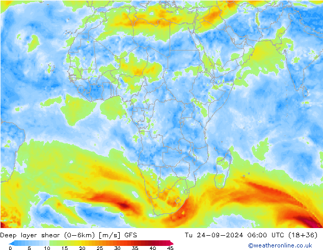 Deep layer shear (0-6km) GFS  24.09.2024 06 UTC