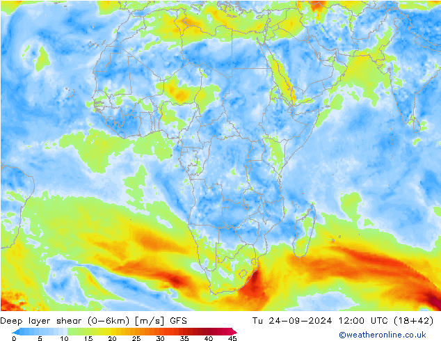 Deep layer shear (0-6km) GFS Tu 24.09.2024 12 UTC