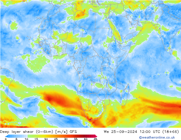 Deep layer shear (0-6km) GFS We 25.09.2024 12 UTC