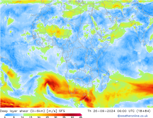 Deep layer shear (0-6km) GFS jeu 26.09.2024 06 UTC