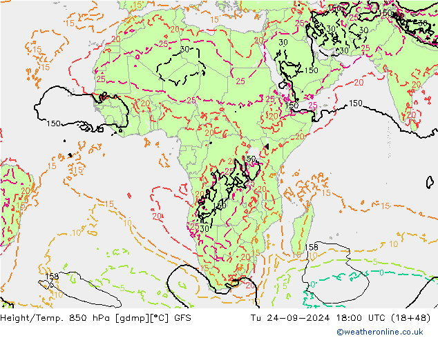 Height/Temp. 850 hPa GFS  24.09.2024 18 UTC