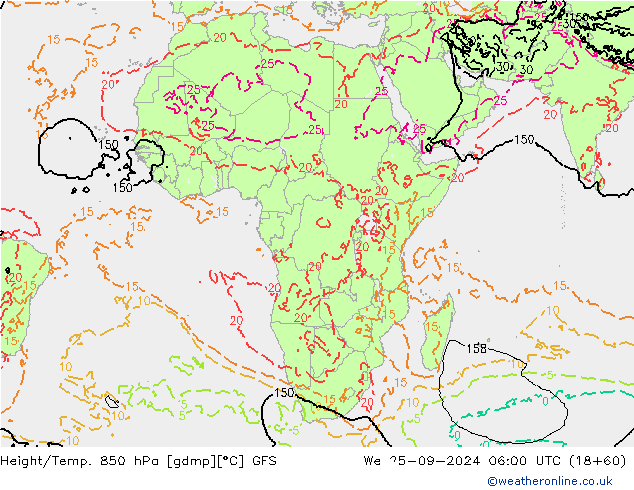 Height/Temp. 850 гПа GFS ср 25.09.2024 06 UTC