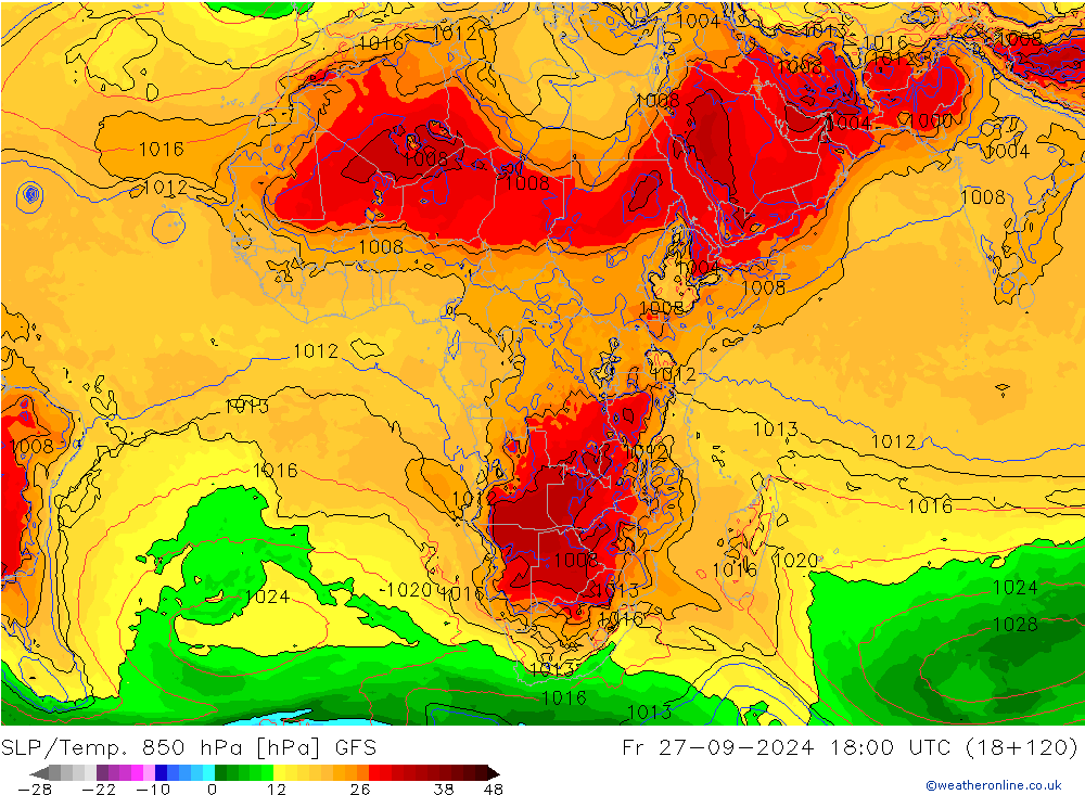 SLP/Temp. 850 hPa GFS vr 27.09.2024 18 UTC