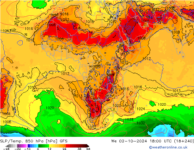 SLP/Temp. 850 hPa GFS  02.10.2024 18 UTC