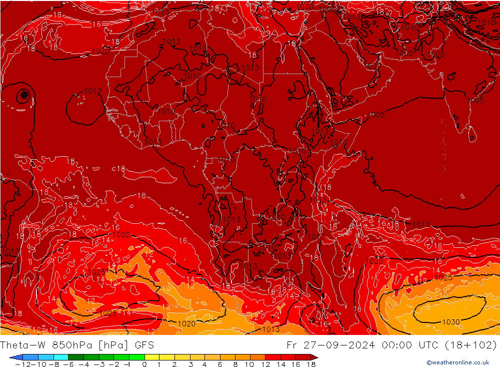 Theta-W 850hPa GFS vie 27.09.2024 00 UTC