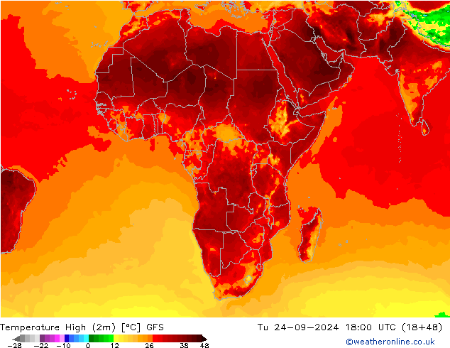 Max. Temperatura (2m) GFS wto. 24.09.2024 18 UTC