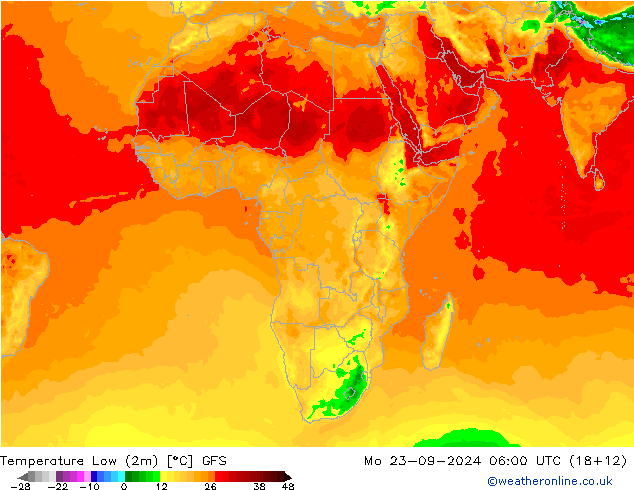 Nejnižší teplota (2m) GFS Po 23.09.2024 06 UTC