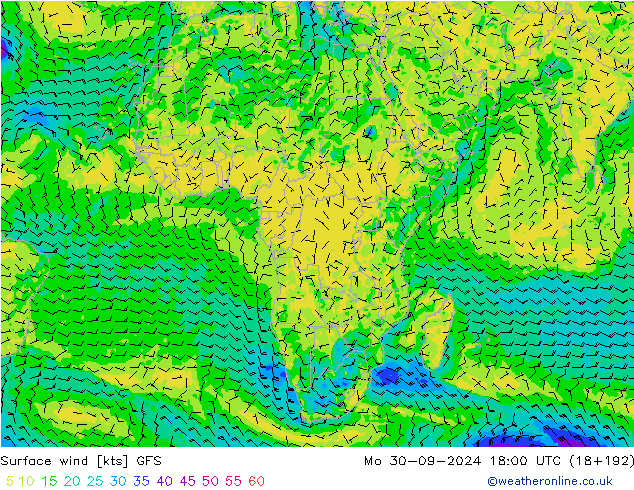 Vent 10 m GFS lun 30.09.2024 18 UTC