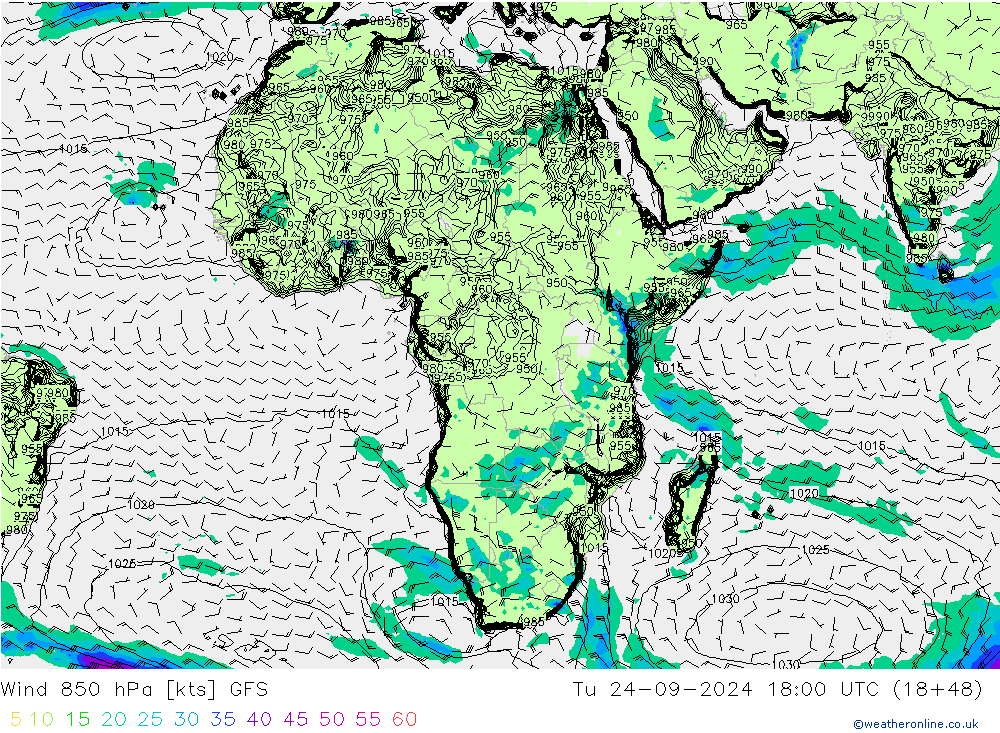 Wind 850 hPa GFS Út 24.09.2024 18 UTC