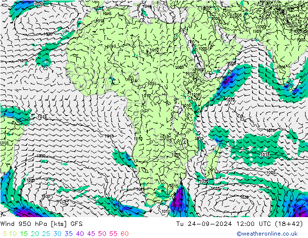 wiatr 950 hPa GFS wto. 24.09.2024 12 UTC