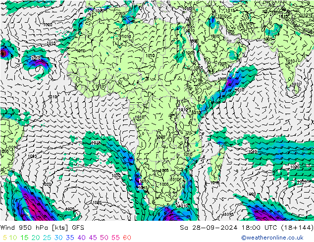 Vento 950 hPa GFS Sáb 28.09.2024 18 UTC