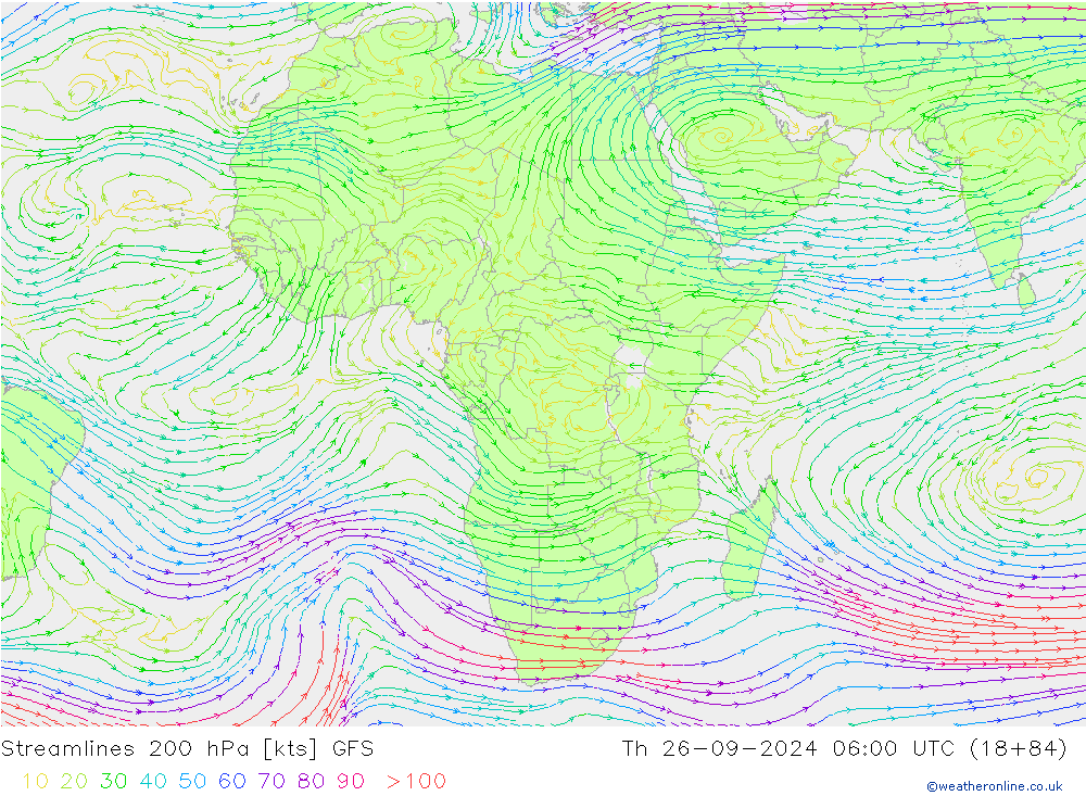 Ligne de courant 200 hPa GFS jeu 26.09.2024 06 UTC