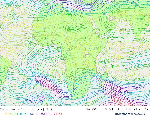 Streamlines 300 hPa GFS Su 22.09.2024 21 UTC