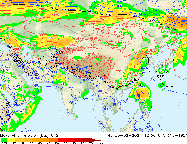 Max. wind velocity GFS Mo 30.09.2024 18 UTC