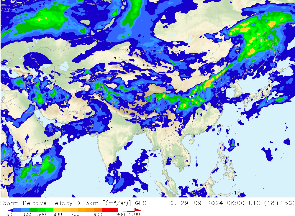 Storm Relative Helicity GFS Su 29.09.2024 06 UTC