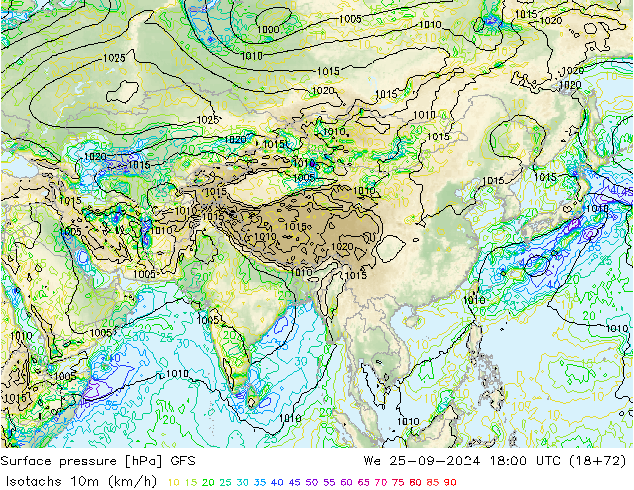 Isotachs (kph) GFS Qua 25.09.2024 18 UTC