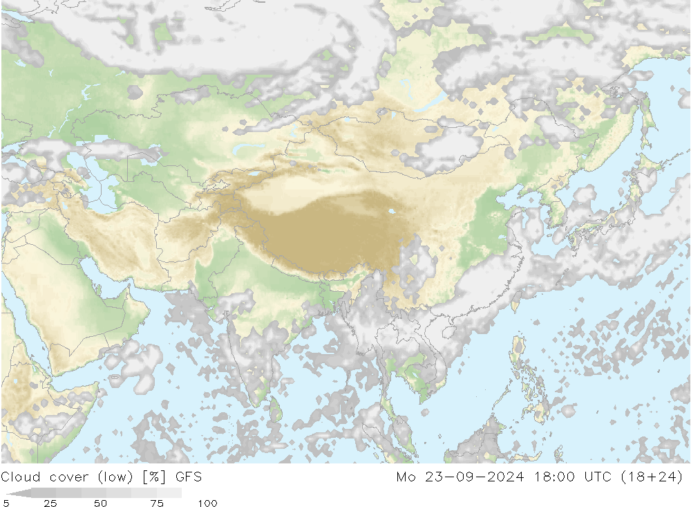 Bewolking (Laag) GFS ma 23.09.2024 18 UTC