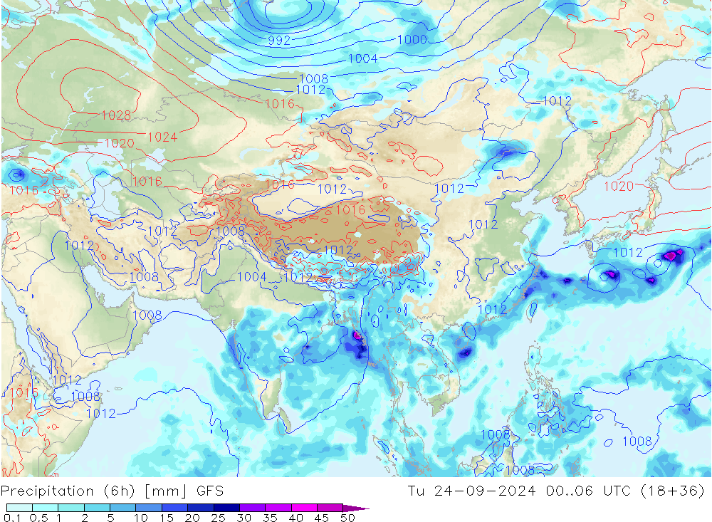 Precipitation (6h) GFS Tu 24.09.2024 06 UTC