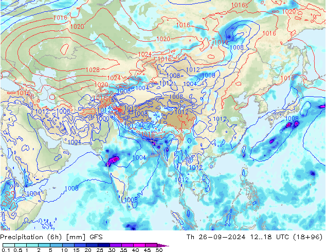 Precipitation (6h) GFS Th 26.09.2024 18 UTC