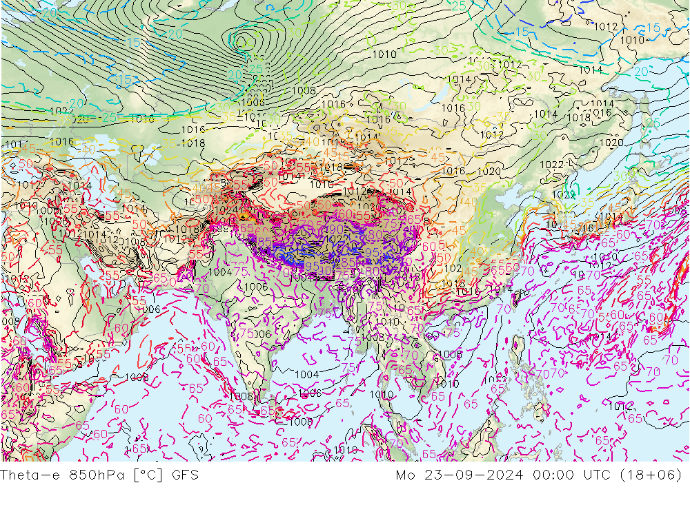 Theta-e 850hPa GFS Mo 23.09.2024 00 UTC