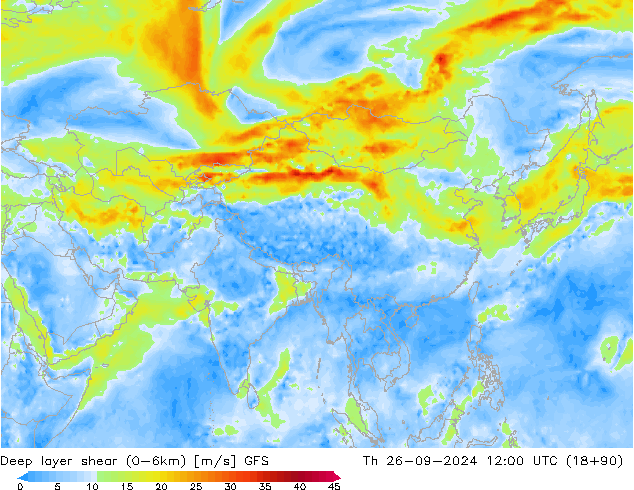 Deep layer shear (0-6km) GFS чт 26.09.2024 12 UTC