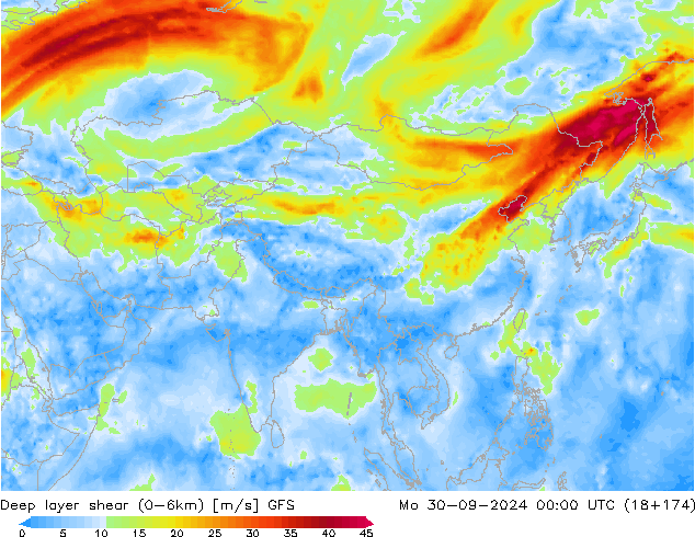 Deep layer shear (0-6km) GFS Mo 30.09.2024 00 UTC