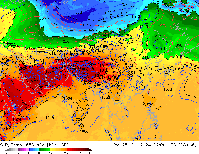 SLP/Temp. 850 hPa GFS We 25.09.2024 12 UTC