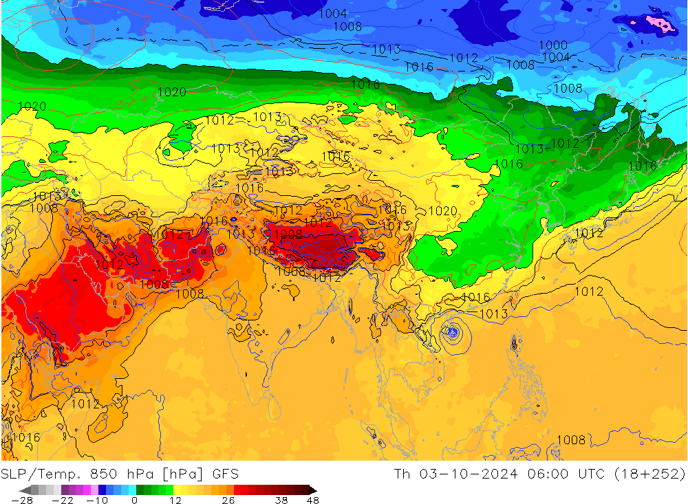 SLP/Temp. 850 hPa GFS czw. 03.10.2024 06 UTC