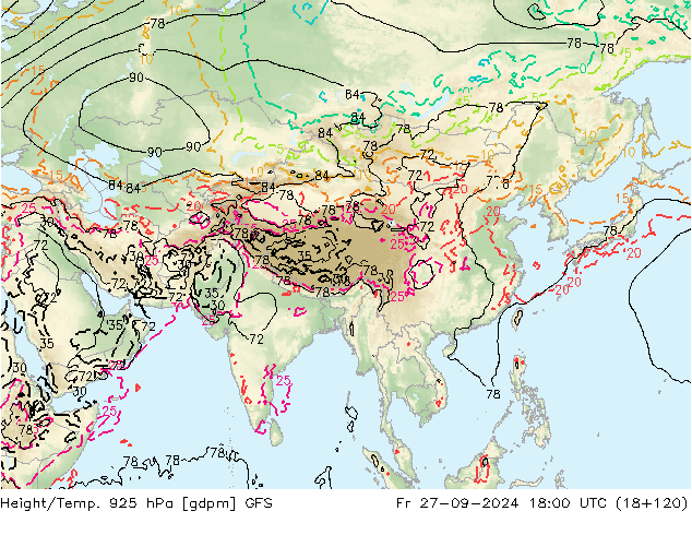 Height/Temp. 925 hPa GFS ven 27.09.2024 18 UTC