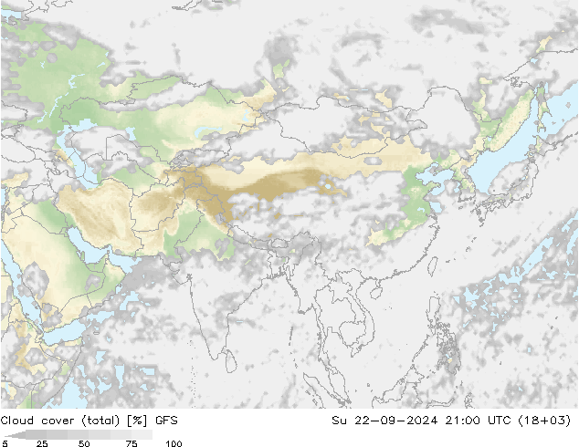 облака (сумма) GFS Вс 22.09.2024 21 UTC