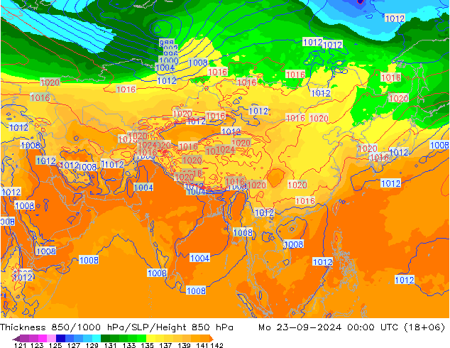 Dikte 850-1000 hPa GFS ma 23.09.2024 00 UTC