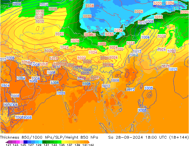 Thck 850-1000 гПа GFS сб 28.09.2024 18 UTC