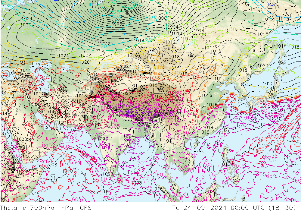 Theta-e 700hPa GFS wto. 24.09.2024 00 UTC