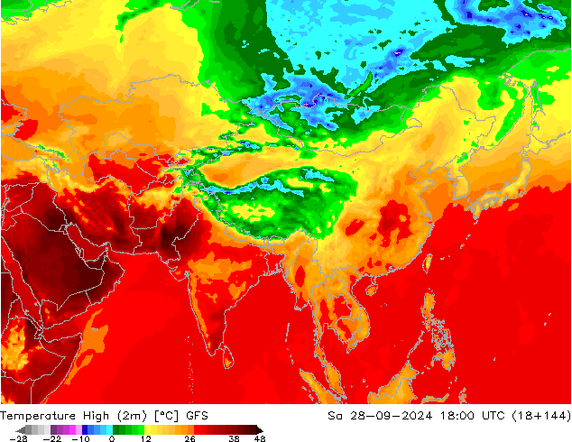 Max.temperatuur (2m) GFS za 28.09.2024 18 UTC