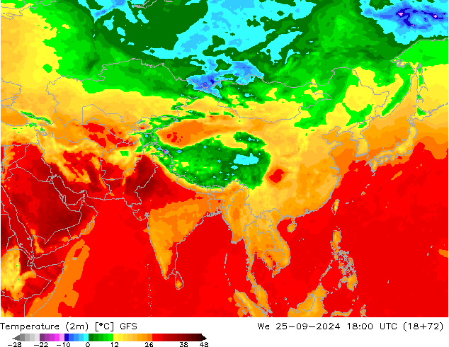 Temperatuurkaart (2m) GFS wo 25.09.2024 18 UTC