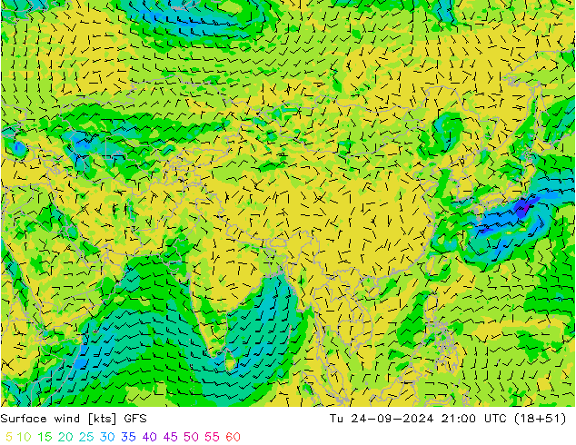 Surface wind GFS Tu 24.09.2024 21 UTC