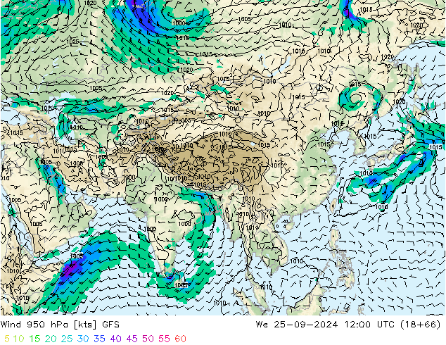 wiatr 950 hPa GFS śro. 25.09.2024 12 UTC