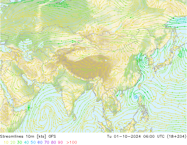 Streamlines 10m GFS Tu 01.10.2024 06 UTC