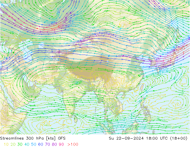 Línea de corriente 300 hPa GFS dom 22.09.2024 18 UTC