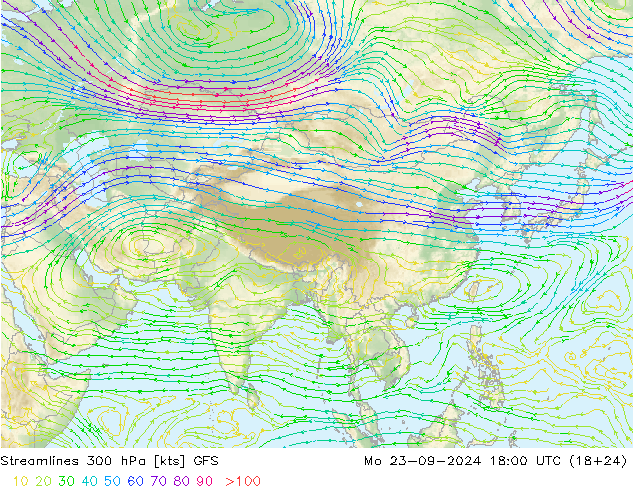 Linia prądu 300 hPa GFS pon. 23.09.2024 18 UTC