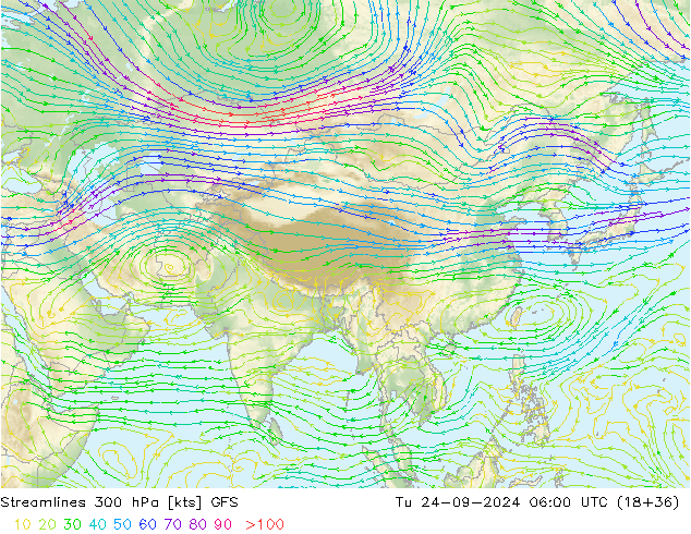 Linea di flusso 300 hPa GFS mar 24.09.2024 06 UTC