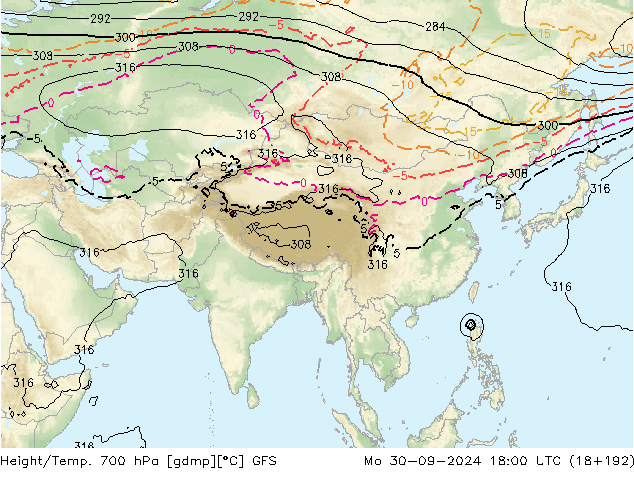 Height/Temp. 700 hPa GFS  30.09.2024 18 UTC