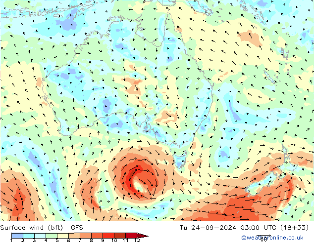 Surface wind (bft) GFS Út 24.09.2024 03 UTC