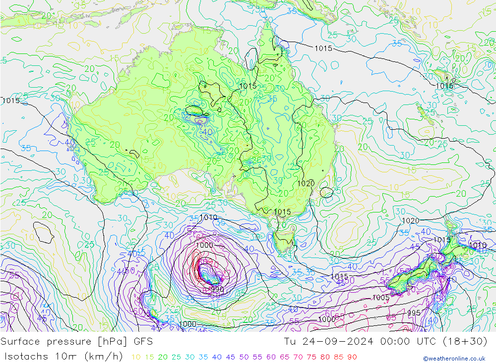 Isotachs (kph) GFS Ter 24.09.2024 00 UTC