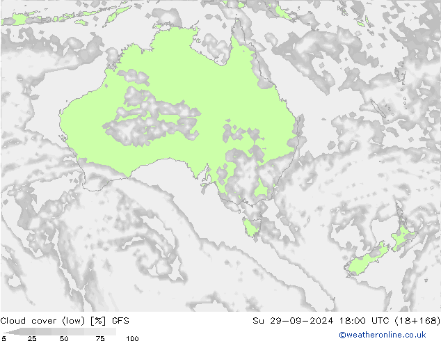 Cloud cover (low) GFS Su 29.09.2024 18 UTC